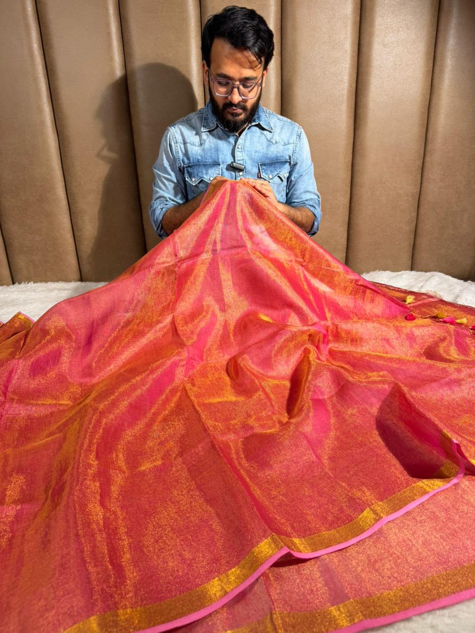 Rusted Pink Linen Tissue Silk Banarasi Saree