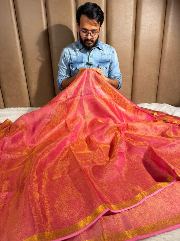 Rusted Pink Linen Tissue Silk Banarasi Saree