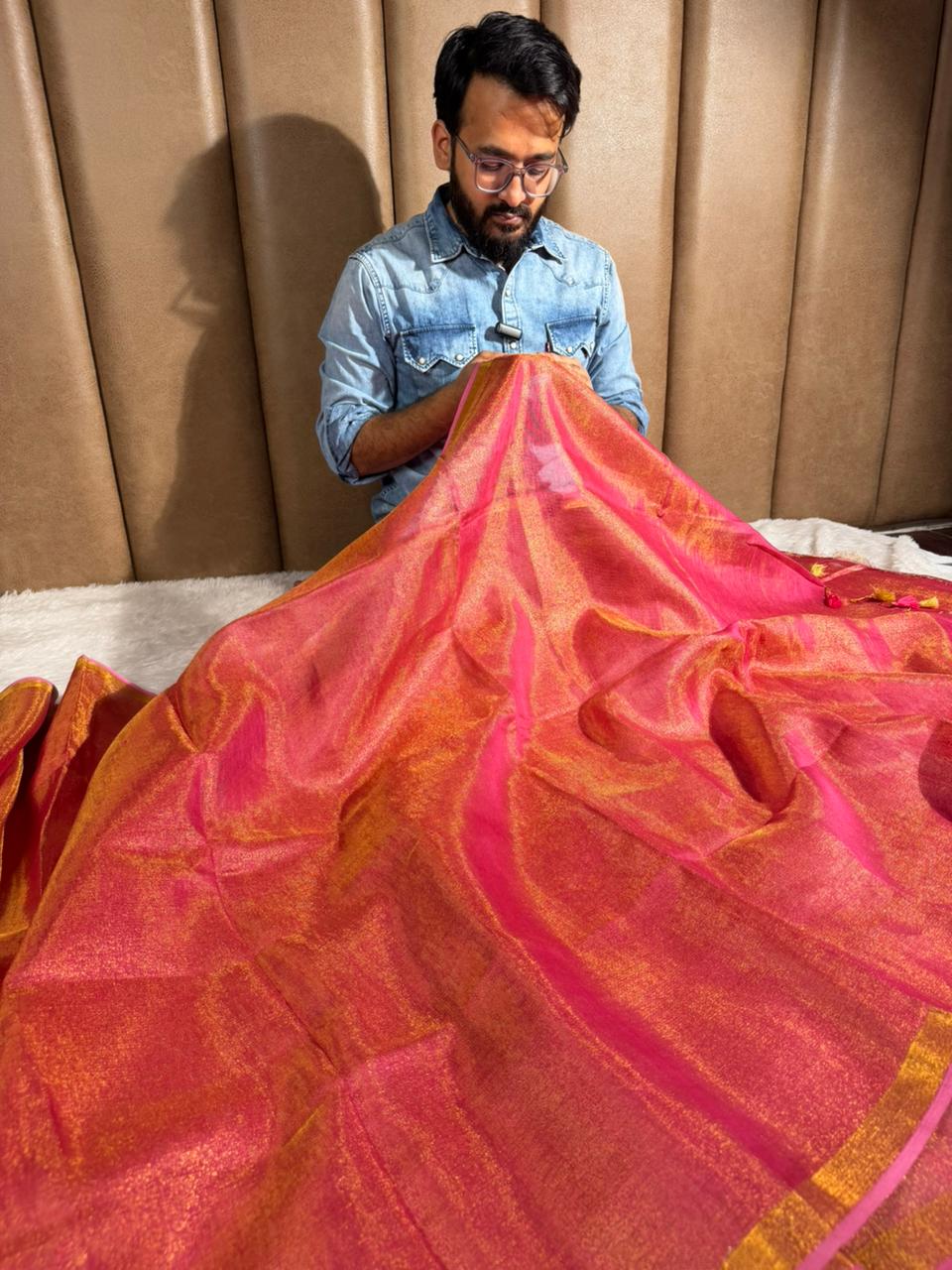 Rusted Pink Linen Tissue Silk Banarasi Saree