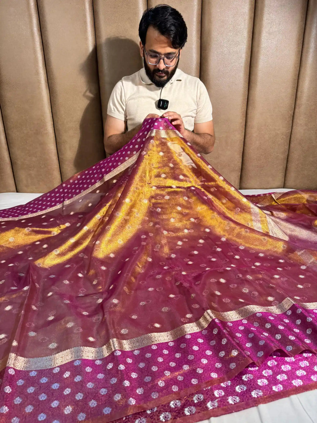 Rusted Purple Copper Paper Tissue Silk Saree with Rich Zari Pallu and Blouse
