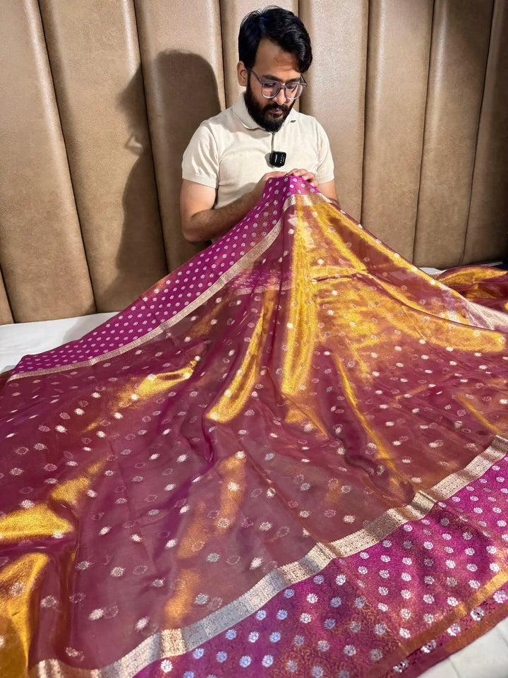 Rusted Purple Copper Paper Tissue Silk Saree with Rich Zari Pallu and Blouse