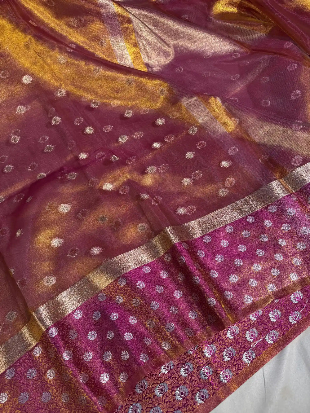 Rusted Purple Copper Paper Tissue Silk Saree with Rich Zari Pallu and Blouse