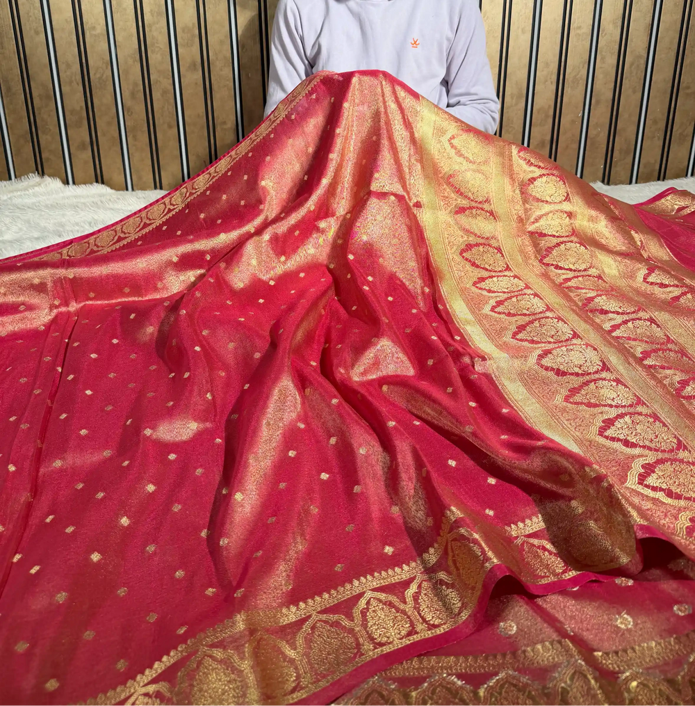 Rusted Rani Pink Breathable Tissue Silk Traditional Weave Banarasi Saree