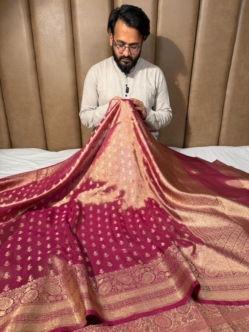 Rusted Rani Premium Kathan Tissue Silk Banarasi Saree