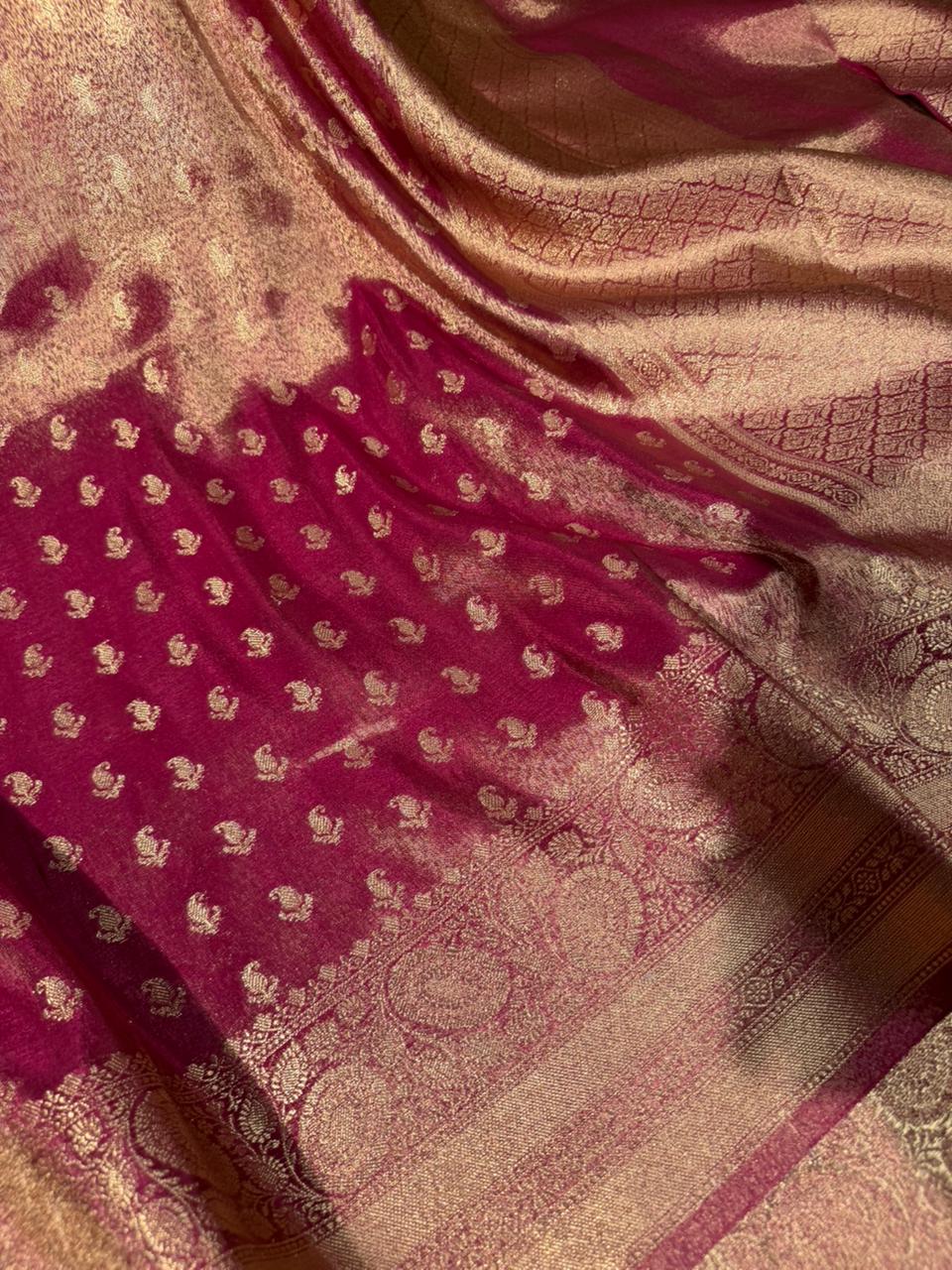 Rusted Rani Premium Kathan Tissue Silk Banarasi Saree