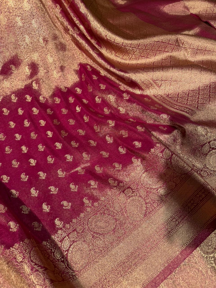 Rusted Rani Premium Kathan Tissue Silk Banarasi Saree