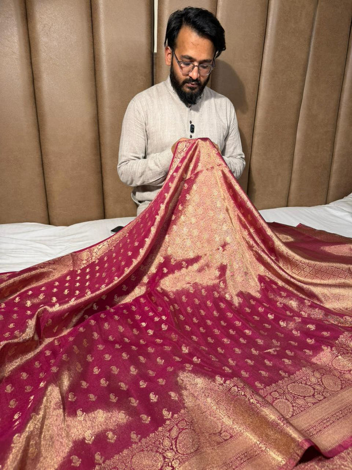 Rusted Rani Premium Kathan Tissue Silk Banarasi Saree