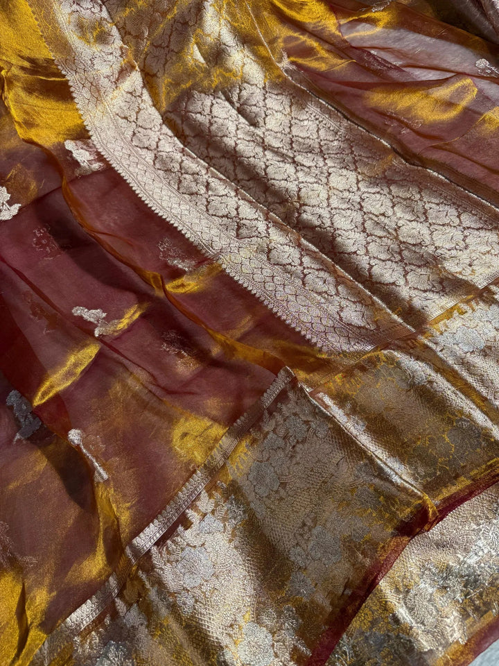 Rusted Mustard pure tissue silk Banarasi saree