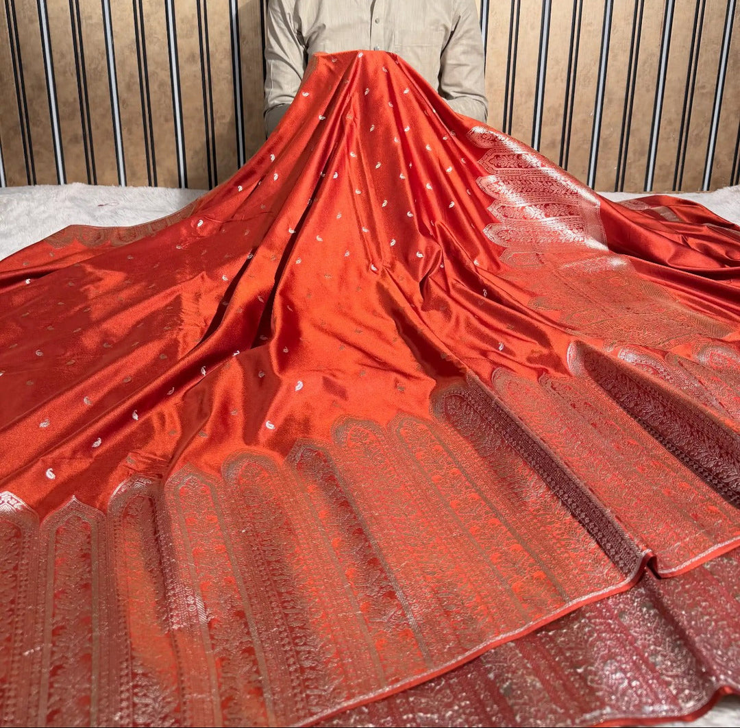 Rust orange heritage Mashru katan silk Banarasi saree 
