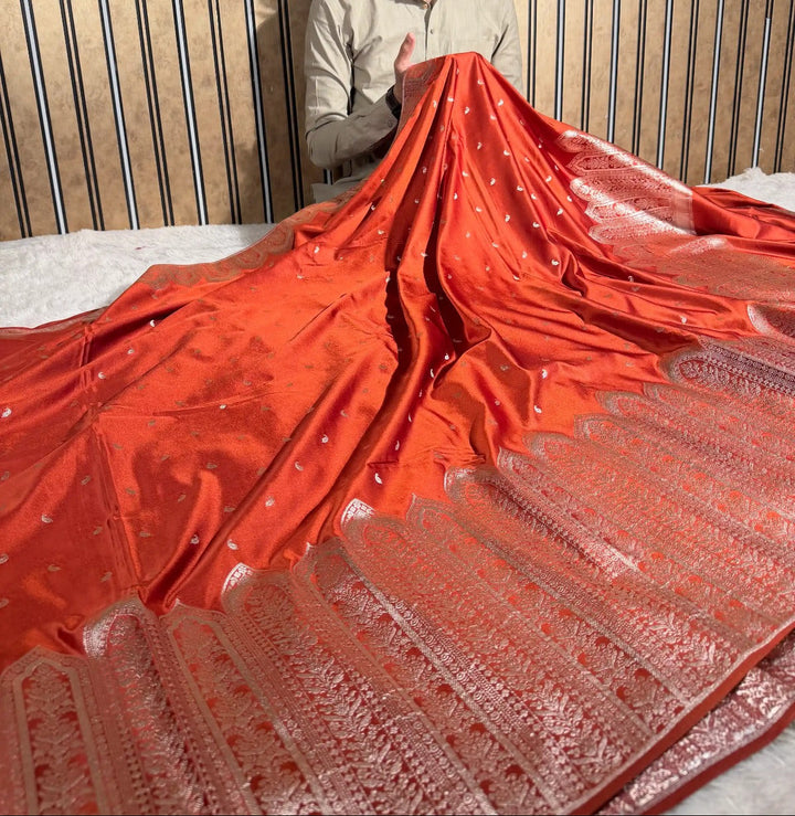 Rust orange heritage Mashru katan silk Banarasi saree 
