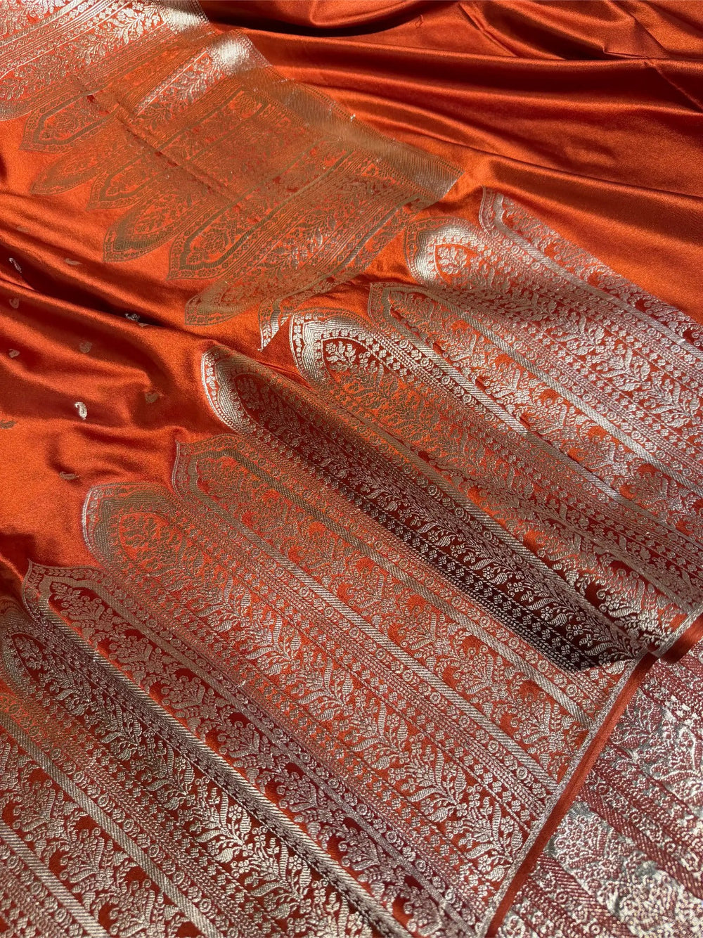 Rust orange heritage Mashru katan silk Banarasi saree 

