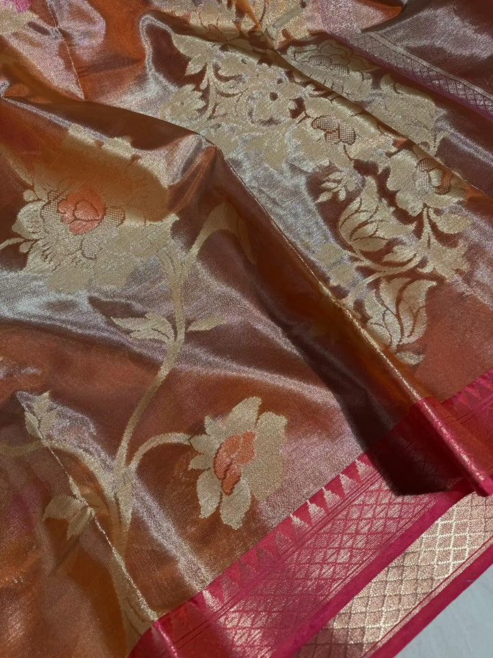 Rusty Orange Banarasi Tissue Silk Saree with Floral Zari Pattern and Rich Pallu