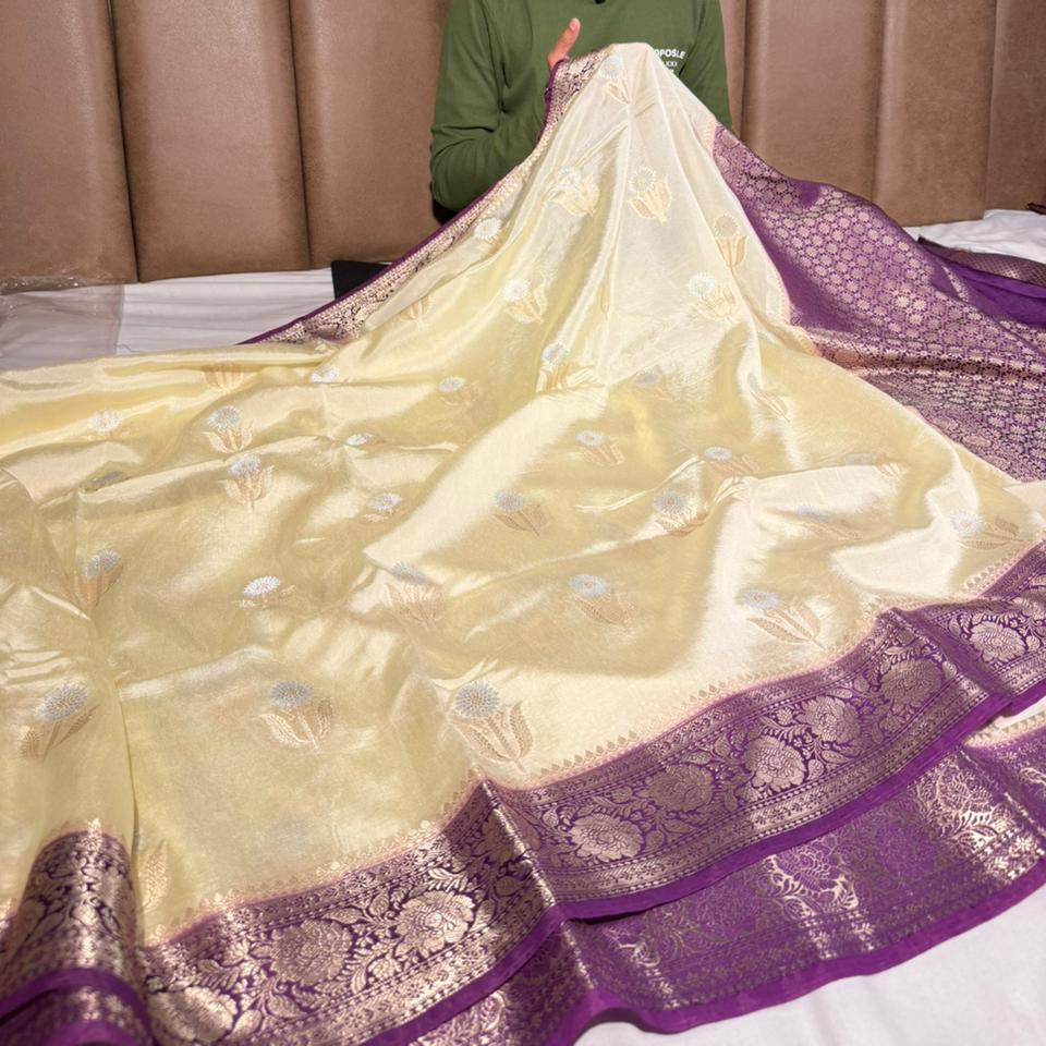 Cream - Majenta heritage soft Georgette Banarasi Saree