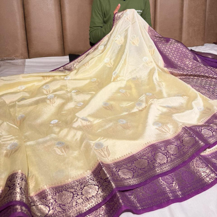 Cream - Majenta heritage soft Georgette Banarasi Saree