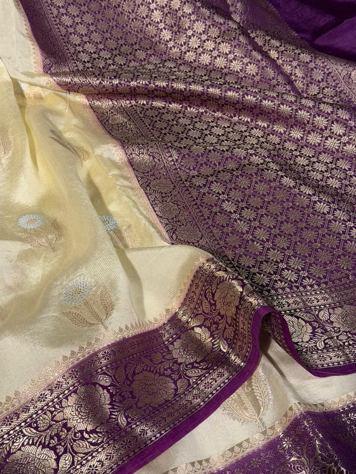 Cream - Majenta heritage soft Georgette Banarasi Saree