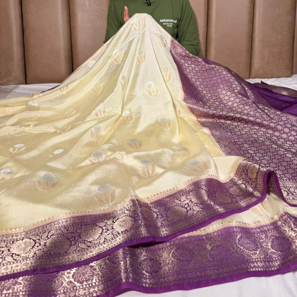 Cream - Majenta heritage soft Georgette Banarasi Saree