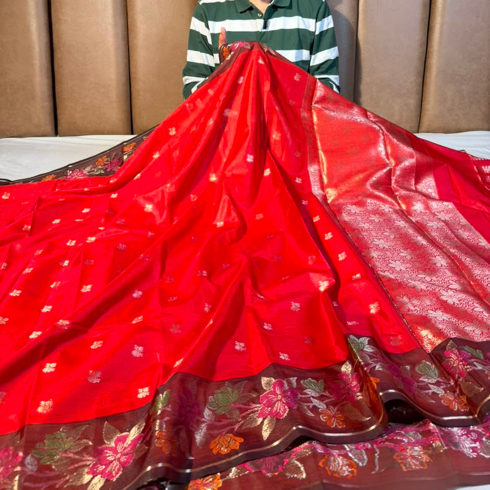 Bright Red Floral Weave Banarasi Silk Saree