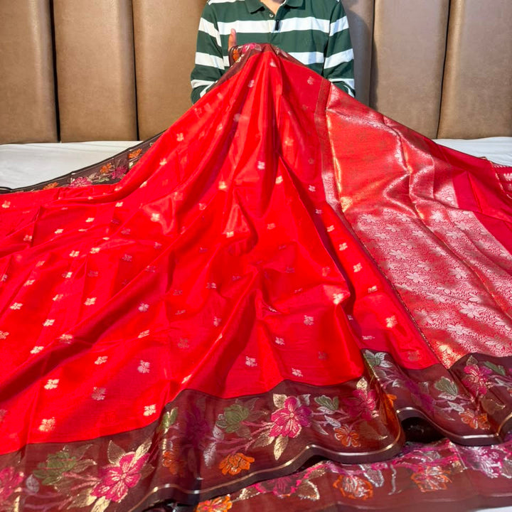 Bright Red Floral Weave Banarasi Silk Saree