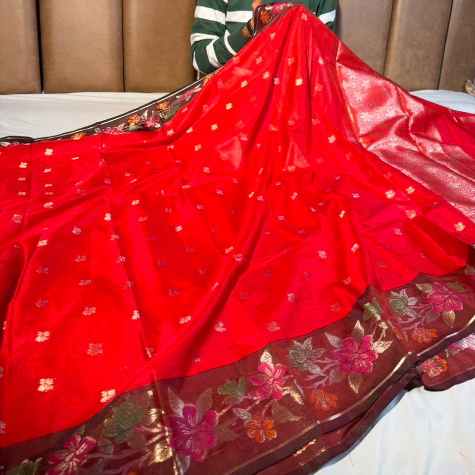 Bright Red Floral Weave Banarasi Silk Saree