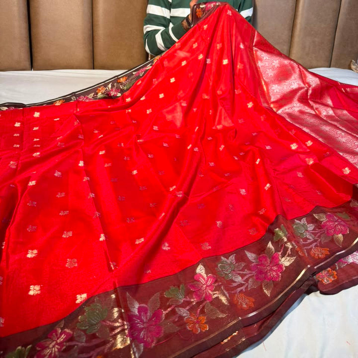 Bright Red Floral Weave Banarasi Silk Saree