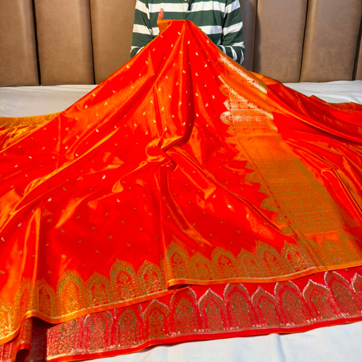 Bright Orange Satin Silk Beautiful Banarasi Saree