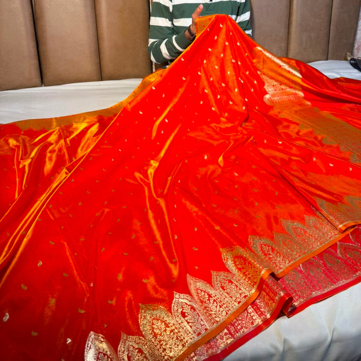Bright Orange Satin Silk Beautiful Banarasi Saree