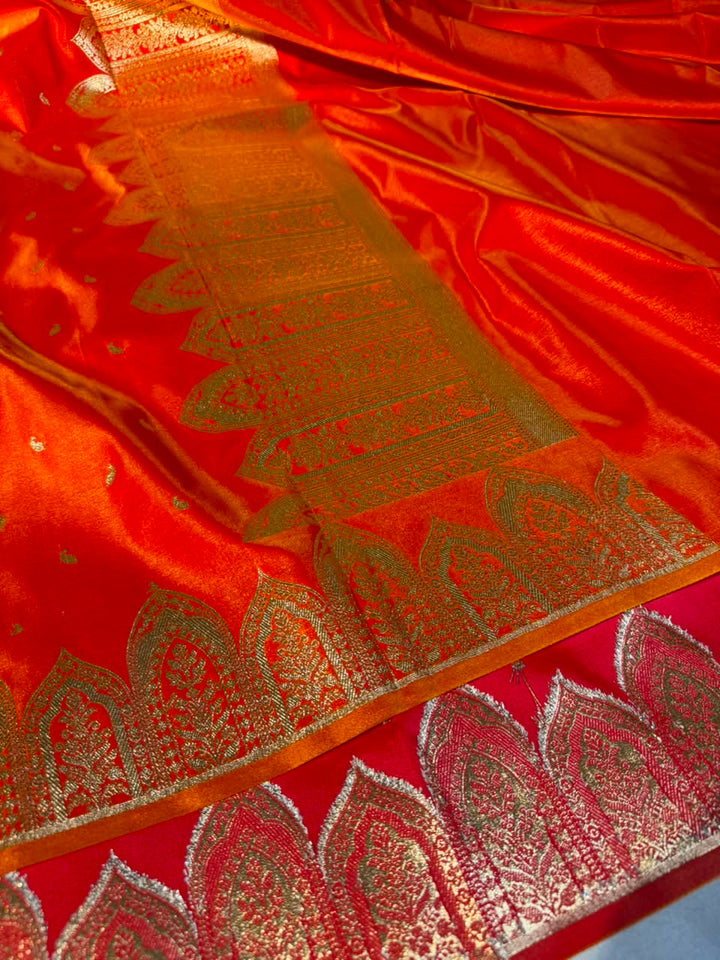 Bright Orange Satin Silk Beautiful Banarasi Saree
