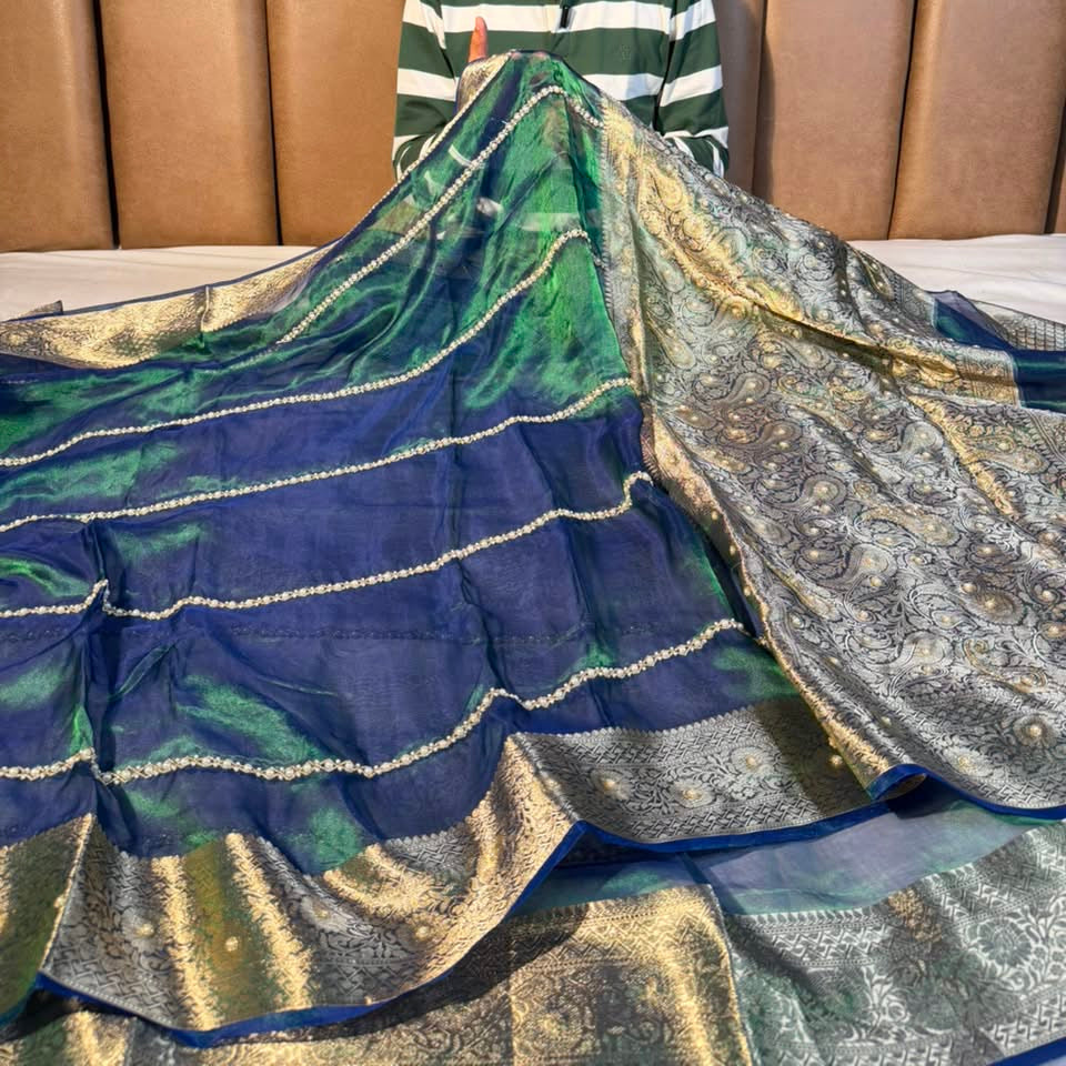 Dhoop Chaon Peacock Pure Tissue Handwork Saree