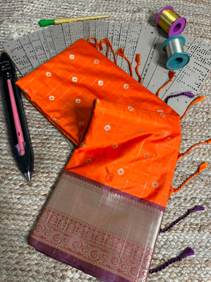 Bright Orange Check Buti Softsilk Saree