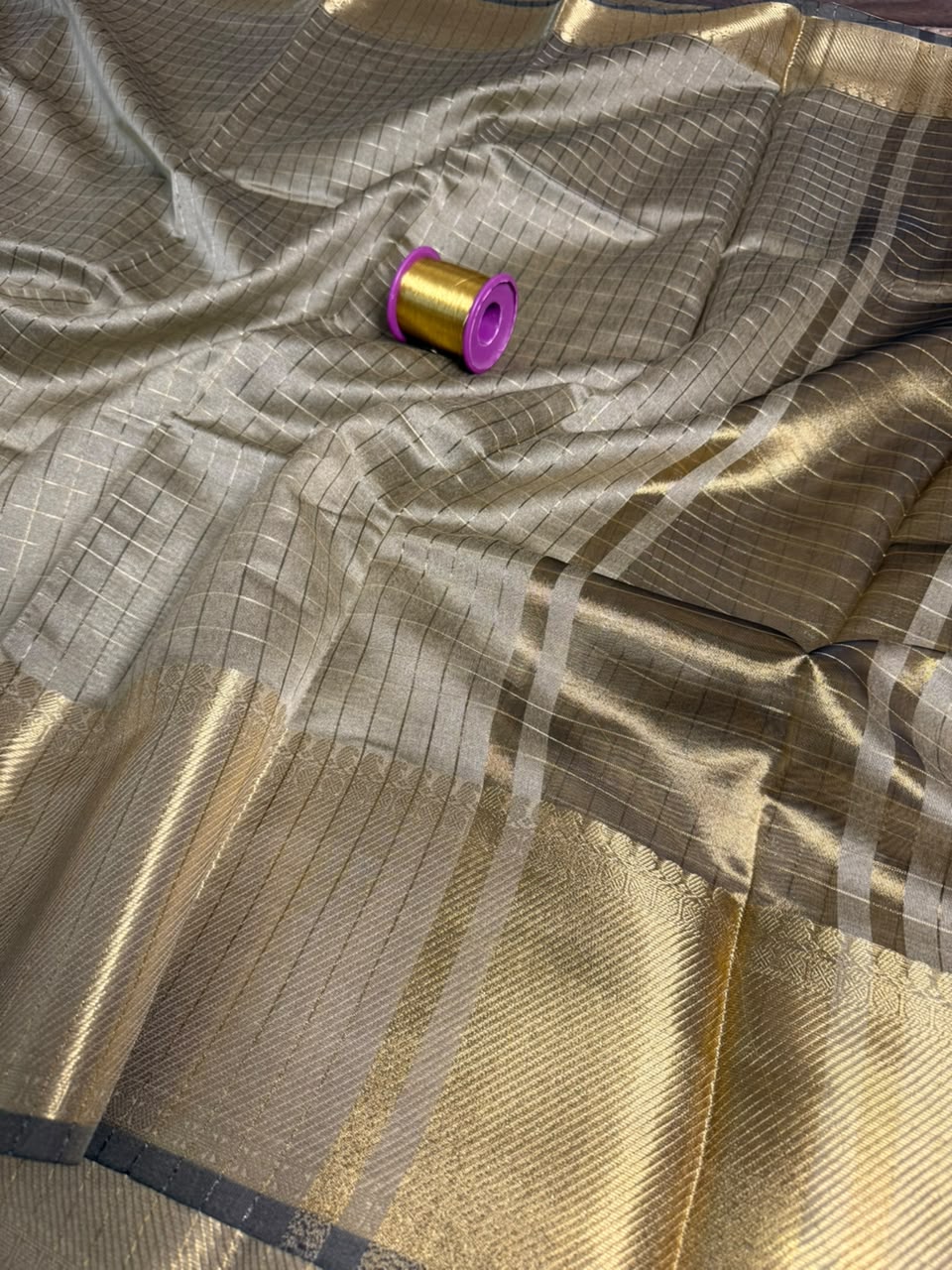 Beige Brown Checks Weave Softsilk Saree