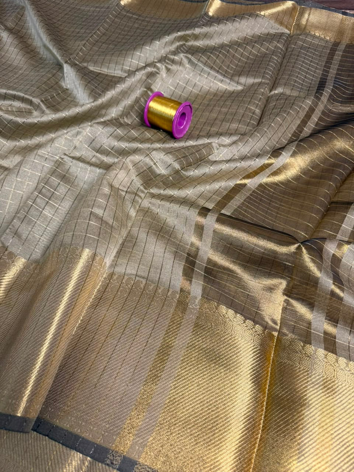 Beige Brown Checks Weave Softsilk Saree