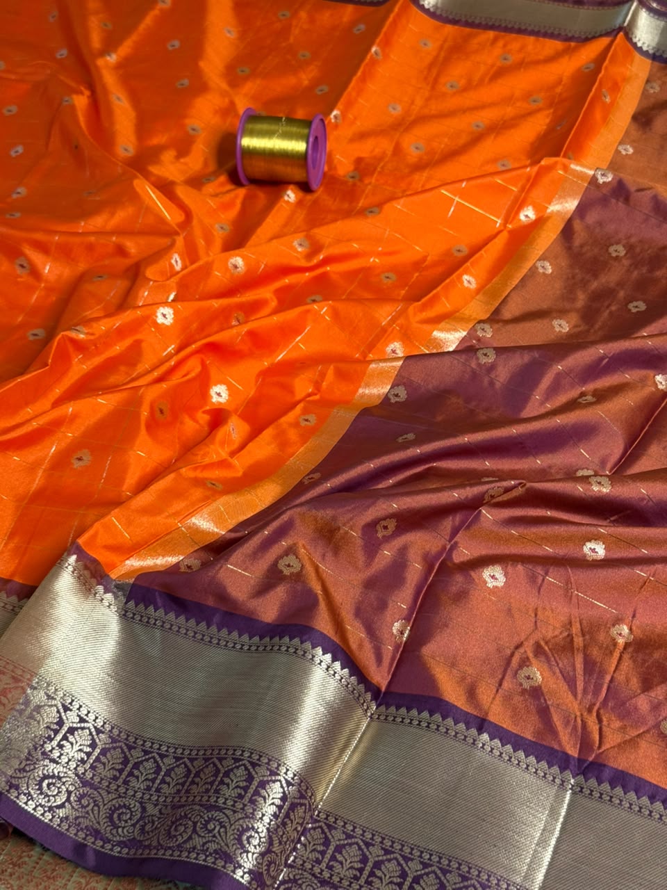 Bright Orange Check Buti Softsilk Saree