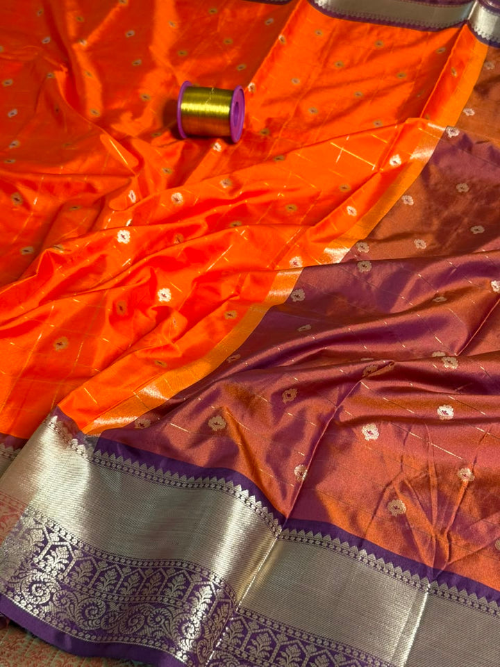 Bright Orange Check Buti Softsilk Saree
