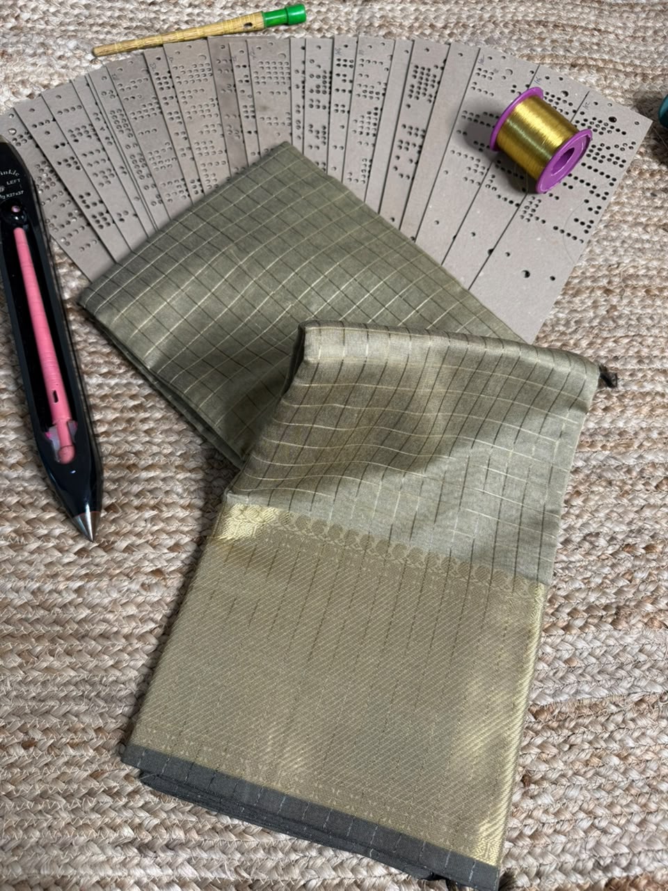 Beige Brown Checks Weave Softsilk Saree