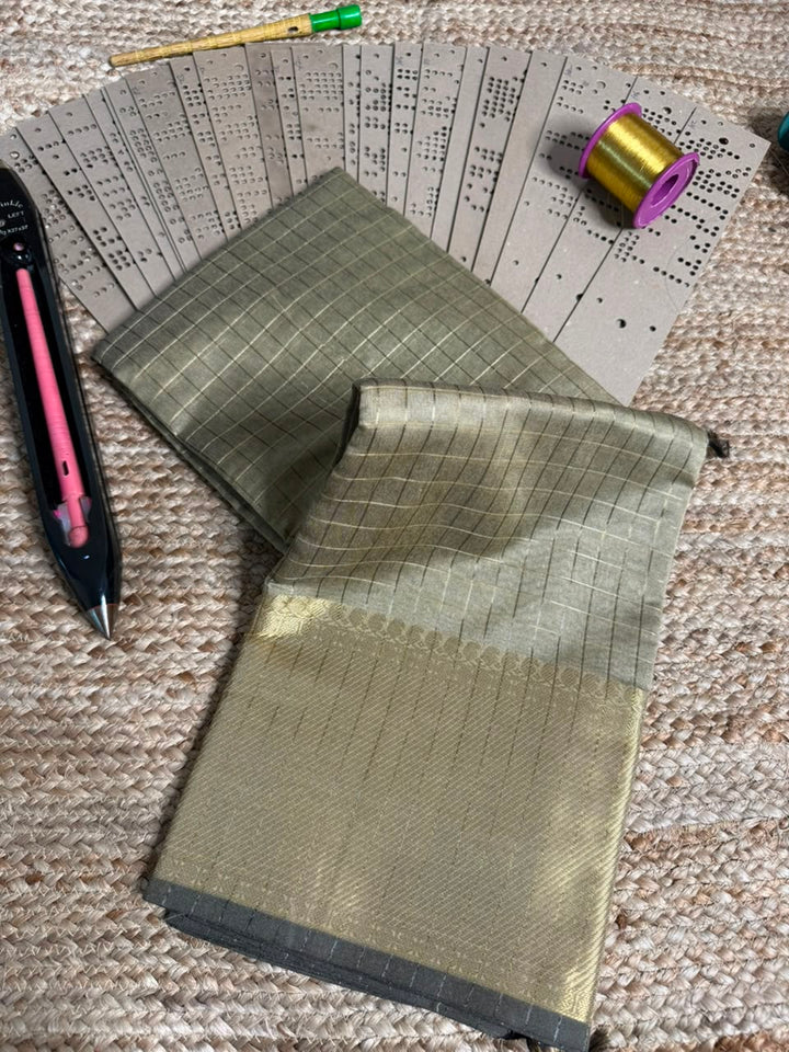 Beige Brown Checks Weave Softsilk Saree
