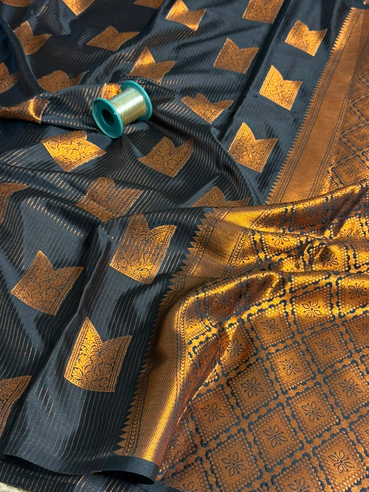 Jet Black Intricate Buta Softsilk Saree