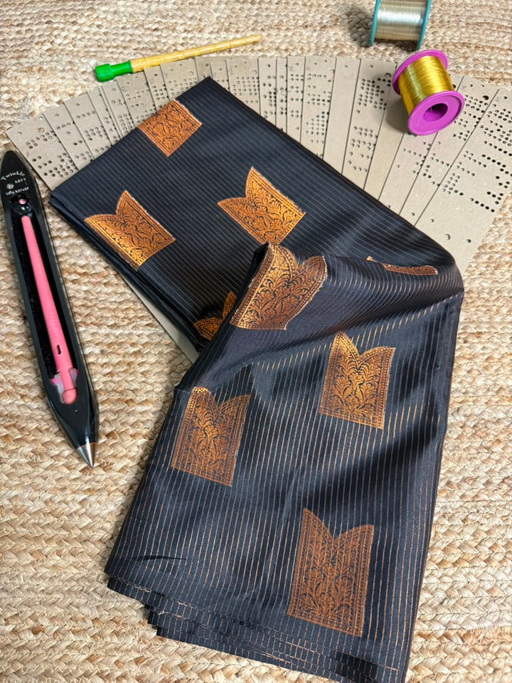 Jet Black Intricate Buta Softsilk Saree