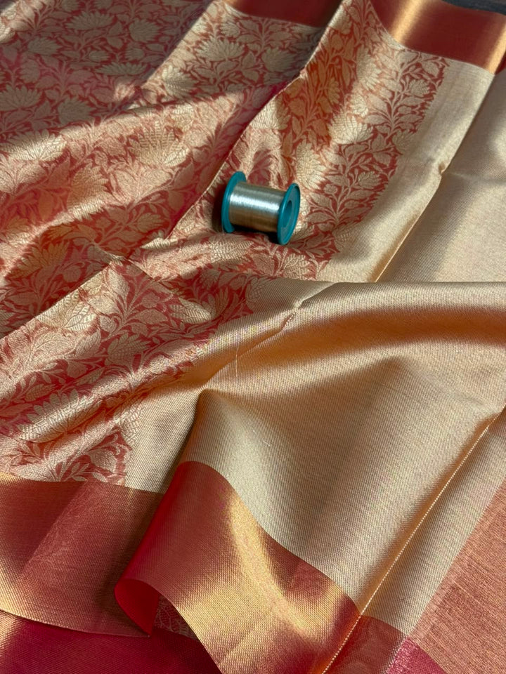 Dull red embossed Softsilk saree