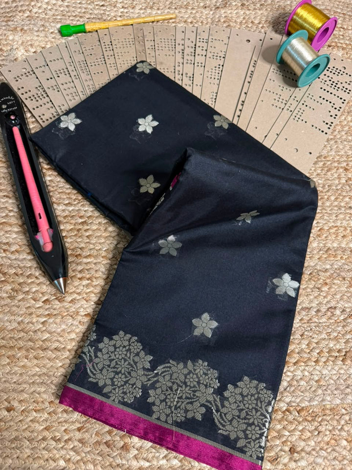 Jet Black Buti Weave Banarasi Silk Saree