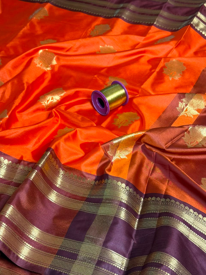 Bright orange floral buta Softsilk saree