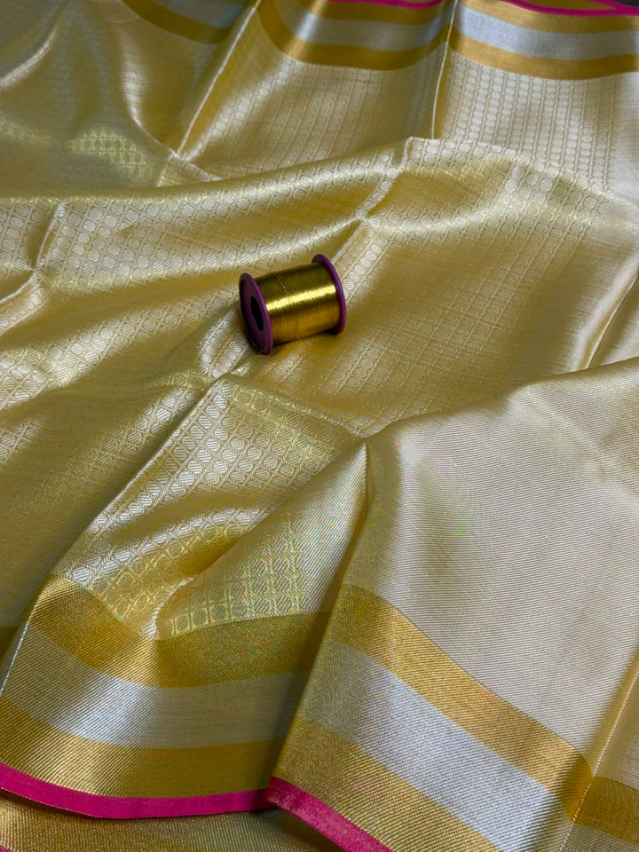 Light gold embossed floral Banarasi saree