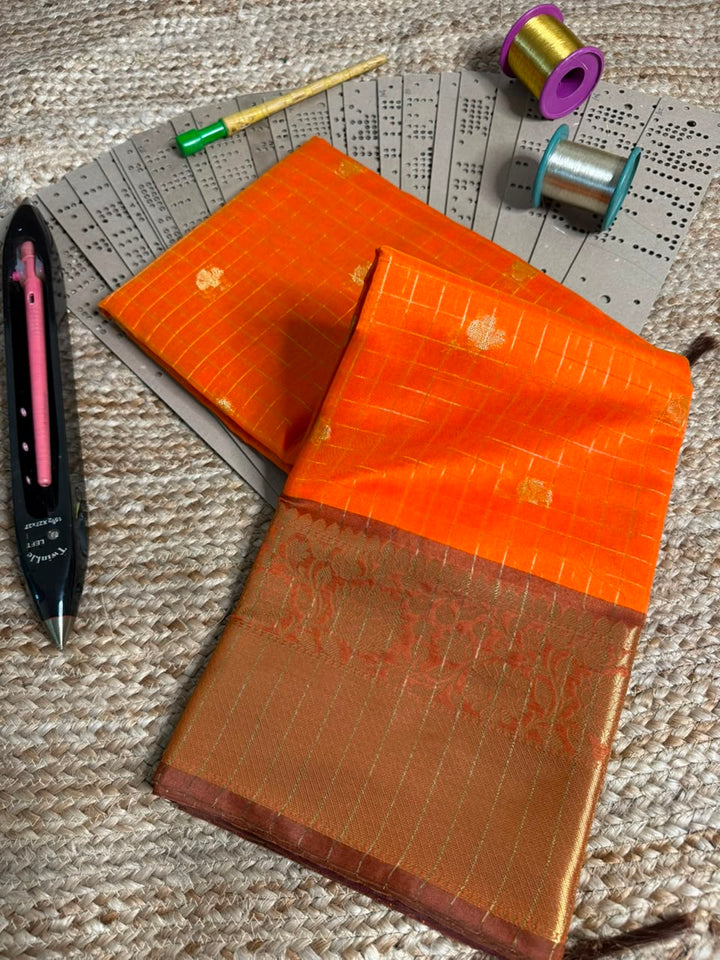 Bright Orange Checks Weave SoftSilk Banarasi Saree