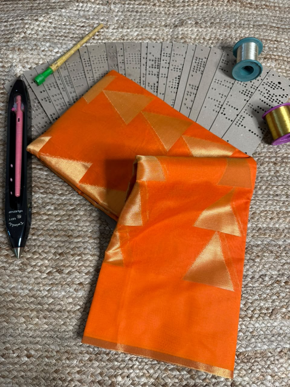 Temple Buta Bright Orange Cotton Waree