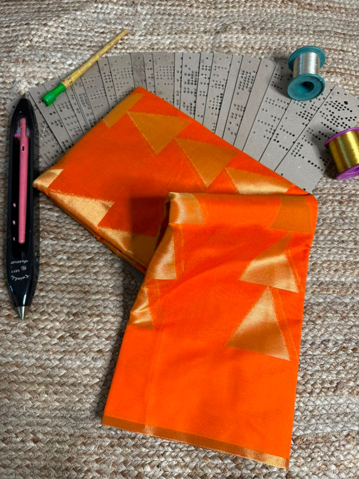 Temple Buta Bright Orange Cotton Waree