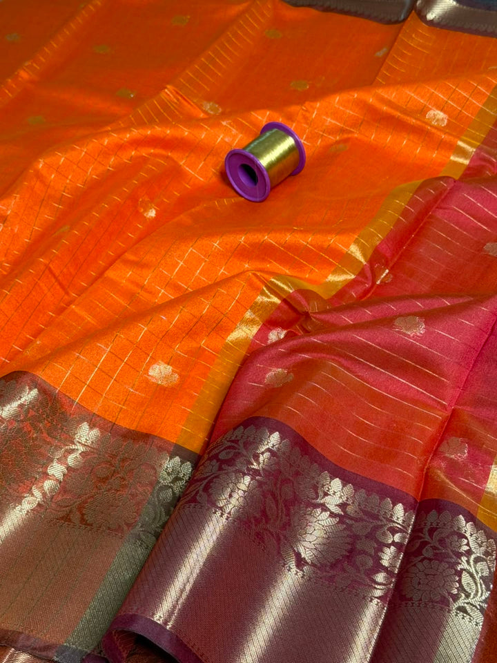 Bright Orange Checks Weave SoftSilk Banarasi Saree