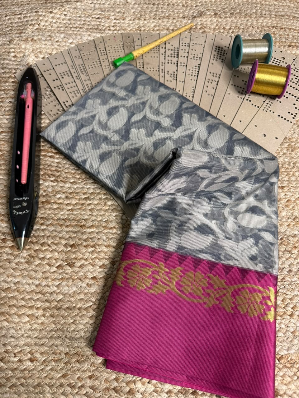 Patola Weave Grey Cotton Banarasi Saree