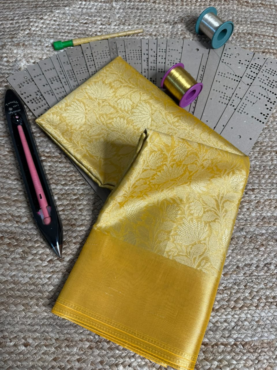 Gold Zari Embossed kanjivaram Tissue Saree