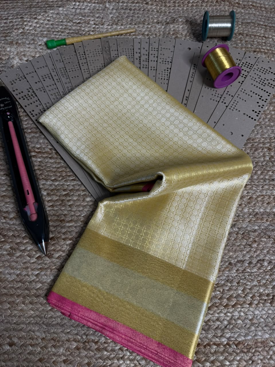Light gold embossed floral Banarasi saree