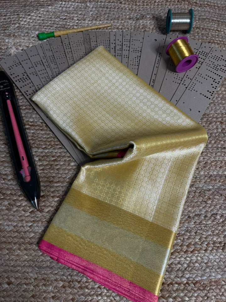 Light gold embossed floral Banarasi saree