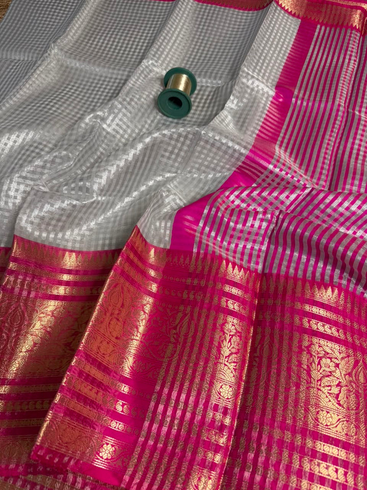 Silver Zari Checks Weave Tissue Banarasi Saree